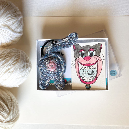 Hand Drawn Birthday Card Personalized Message Birthday Crocheted Cat Butt Keychain or Ornament