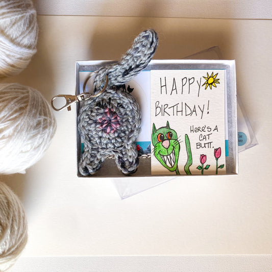 Hand Drawn Personalized Message Birthday Art Card Crocheted Cat Butt Keychain or Ornament