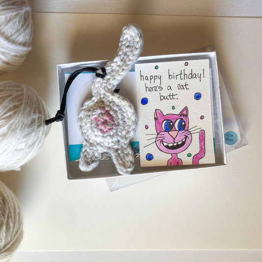 Hand Drawn Cat Birthday Card Crocheted Cat Butt Keychain or Ornament Personalized Message Option