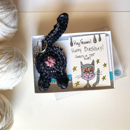 Hand Drawn Art Card  Personalized Message Birthday Crocheted Cat Butt Keychain or Ornament