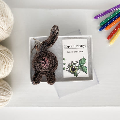 Tortie Calico Cat Butt Keychain Funny Birthday Gift with Novelty Card