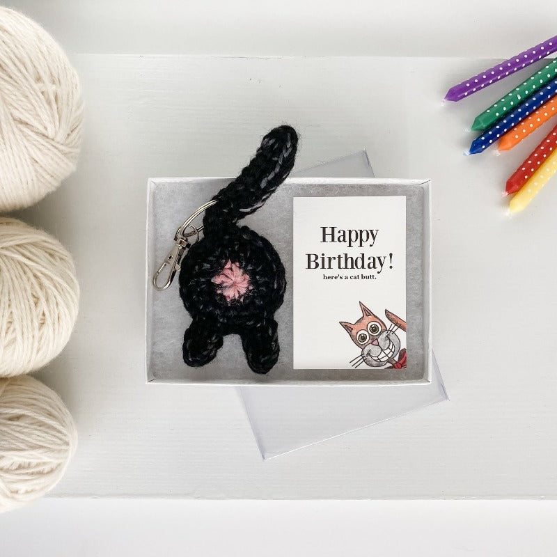 black cat butt keychain happy birthday gift with card in clear top wholesale packaging