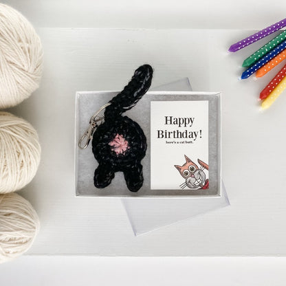 black cat butt keychain happy birthday gift with card in clear top wholesale packaging