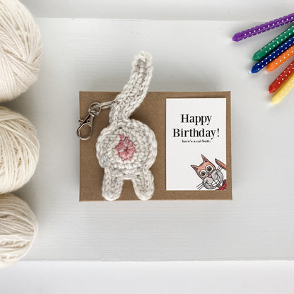 White Cat Butt Keychain Funny Birthday Gift with Novelty Card