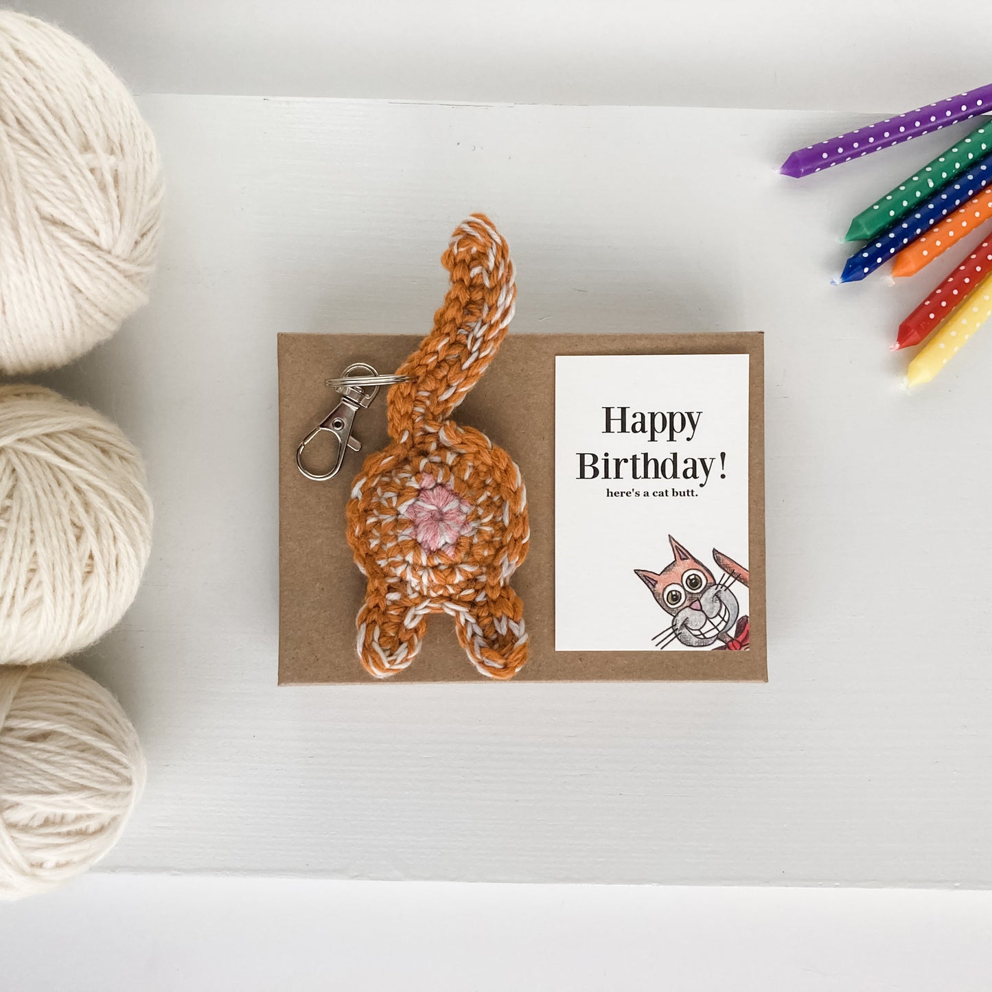 Orange Tabby Cat Butt Keychain Funny Birthday Gift with Novelty Card
