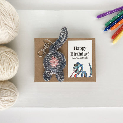 Gray Purple Cat Butt Keychain Funny Birthday Gift with Novelty Card