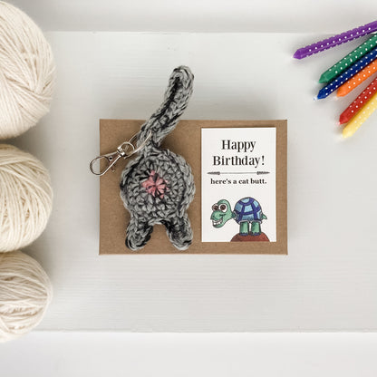 Gray Tabby Cat Butt Keychain Funny Birthday Gift with Novelty Card