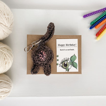 Tortie Calico Cat Butt Keychain Funny Birthday Gift with Novelty Card