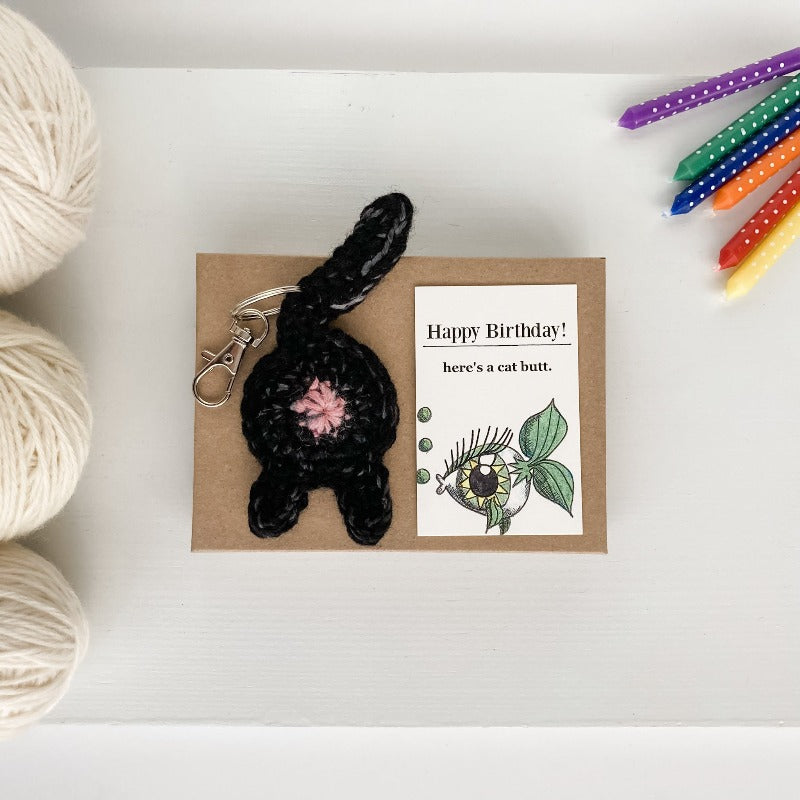 black cat butt keychain birthday gift with fish birthday card 