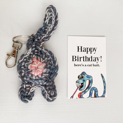 Gray Purple Cat Butt Keychain Funny Birthday Gift with Novelty Card