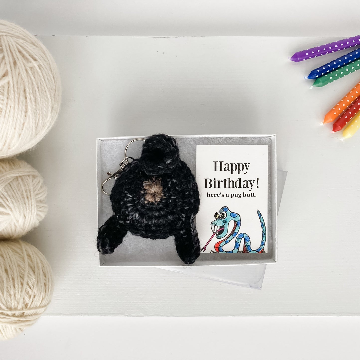 Black Pug Butt Keychain Funny Birthday Gift with Novelty Card