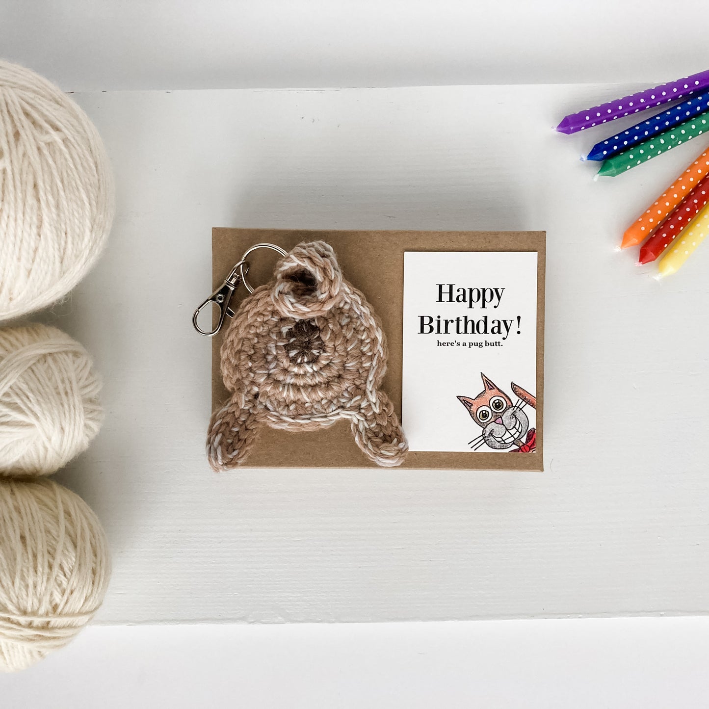 Fawn Pug Butt Keychain Funny Birthday Gift with Novelty Card
