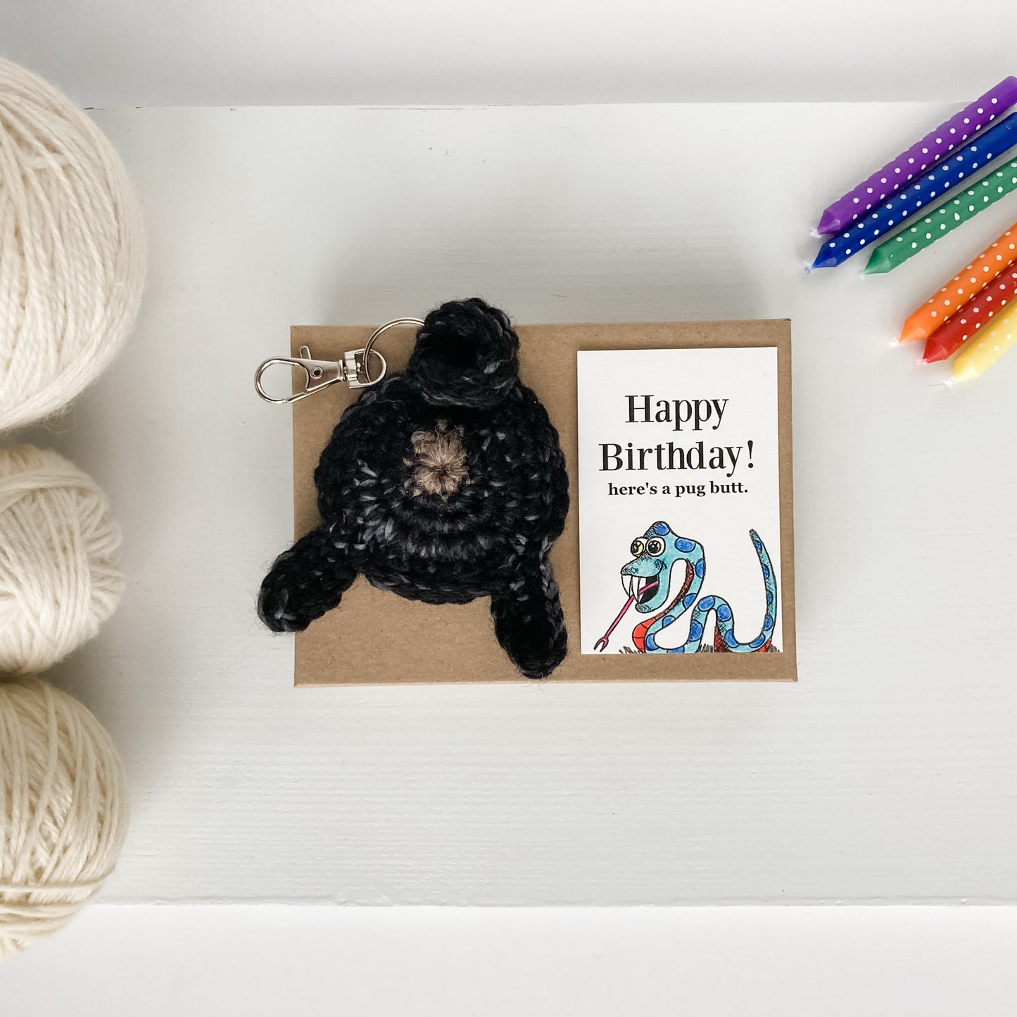 Black Pug Butt Keychain Funny Birthday Gift with Novelty Card