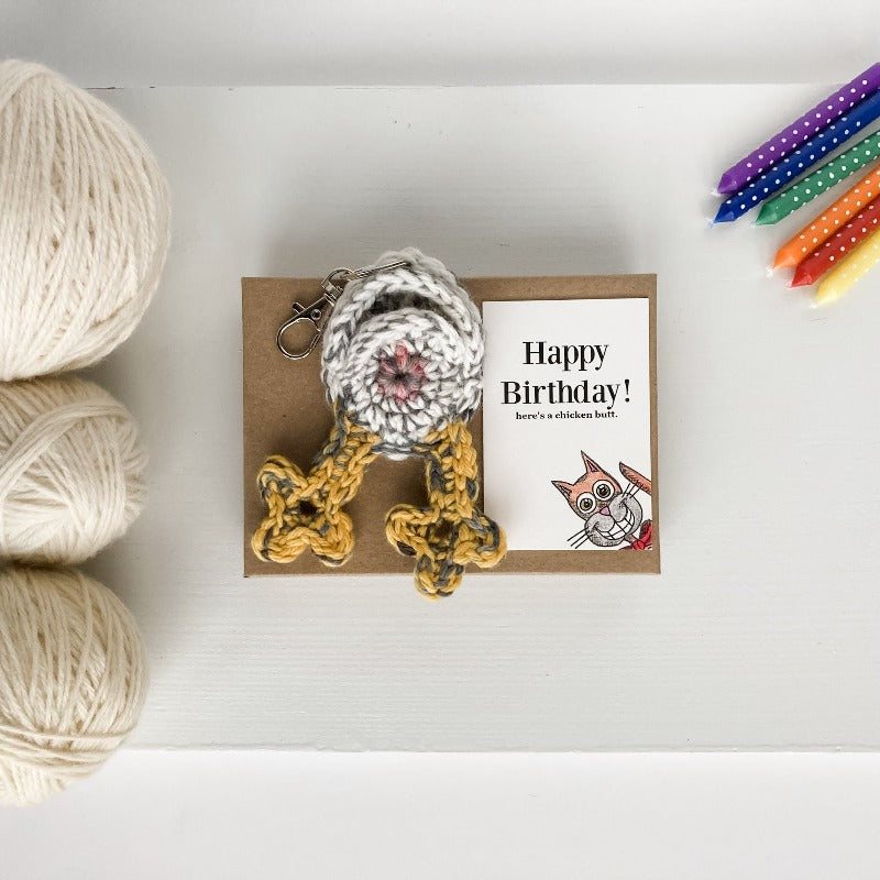 Knot By Gran'ma chicken butt keychain with cat happy birthday card