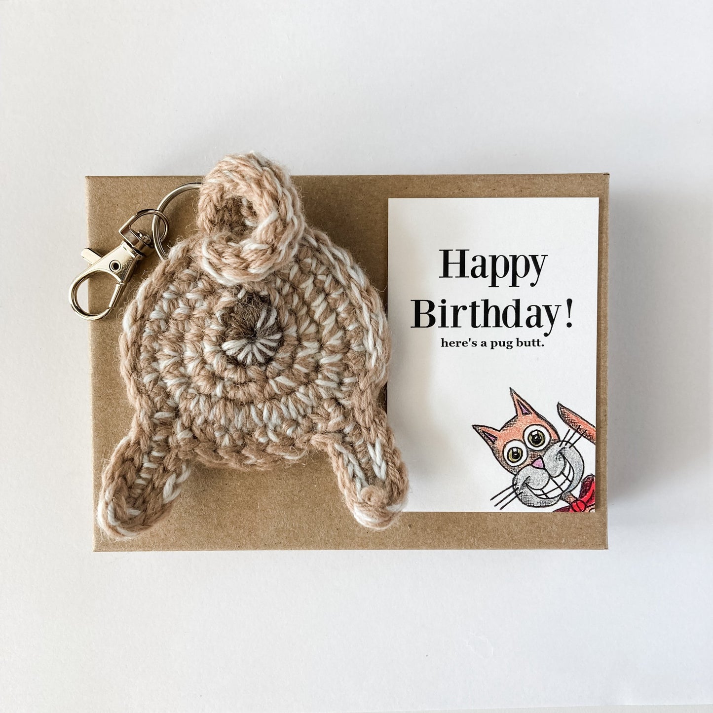 Knot By Gran'ma Birthday Gift Fawn Pug Butt Keychain Funny Birthday Gift with Novelty Card