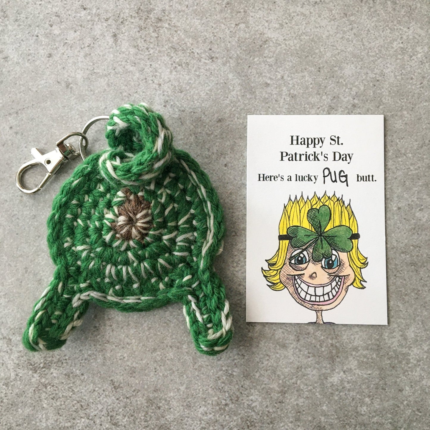 Knot By Gran'ma St. Patricks Day Gift Green Lucky Pug Butt Keychain Funny St. Patricks Day Gift With Card