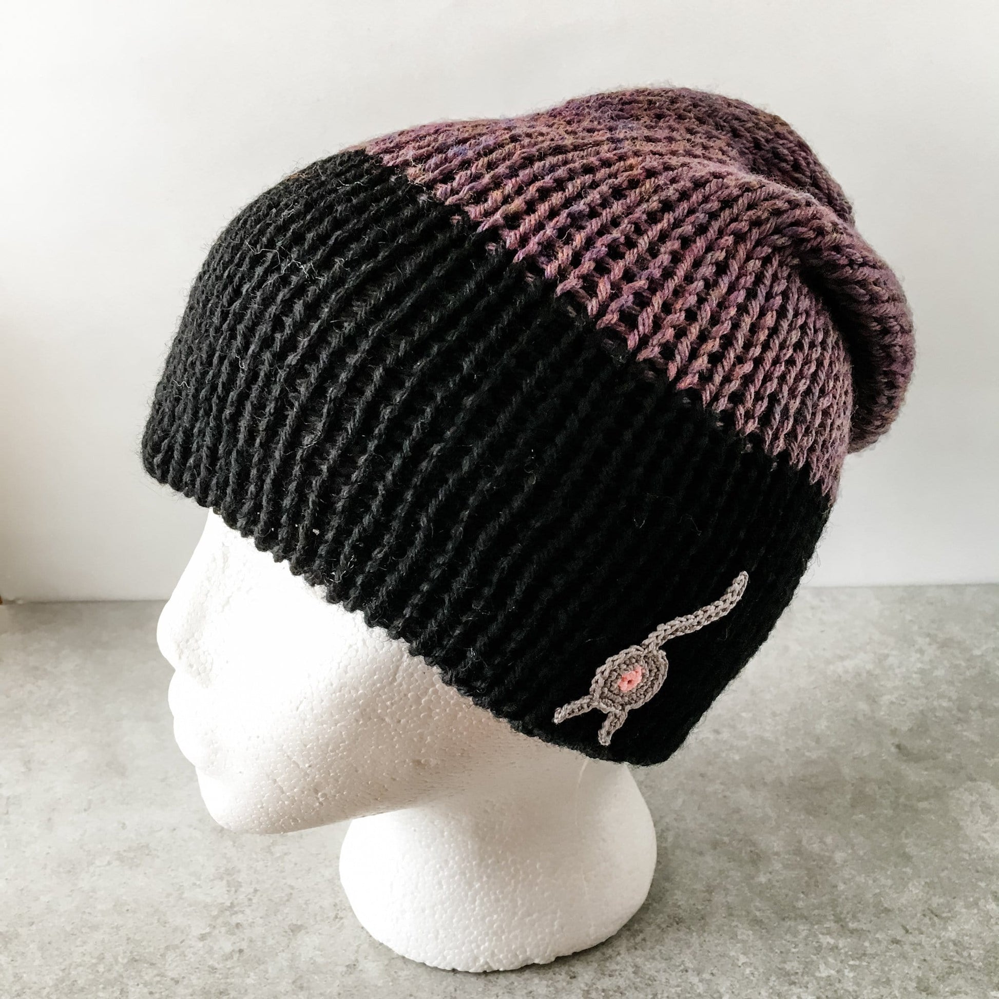 Knot By Gran'ma Hat Cat Butt Beanie Black and Purple Heather Hat