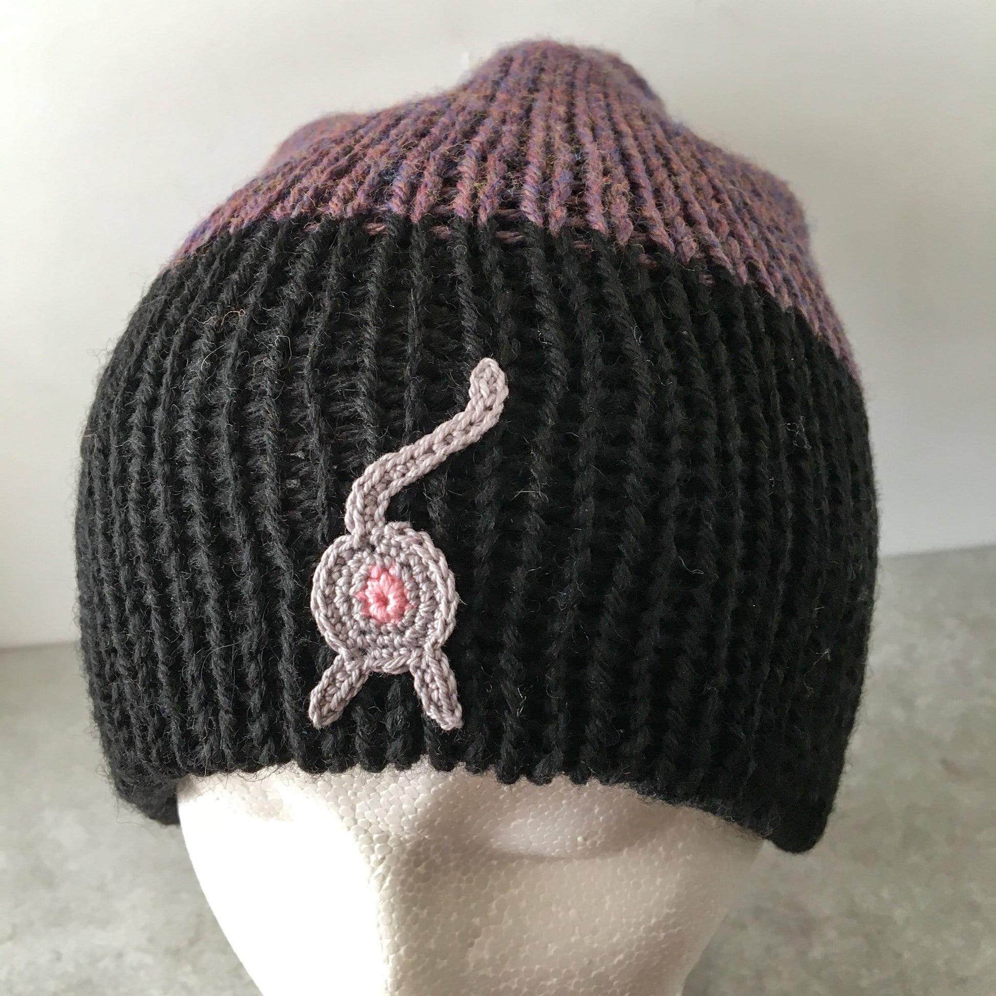 Knot By Gran'ma Hat Cat Butt Beanie Black and Purple Heather Hat
