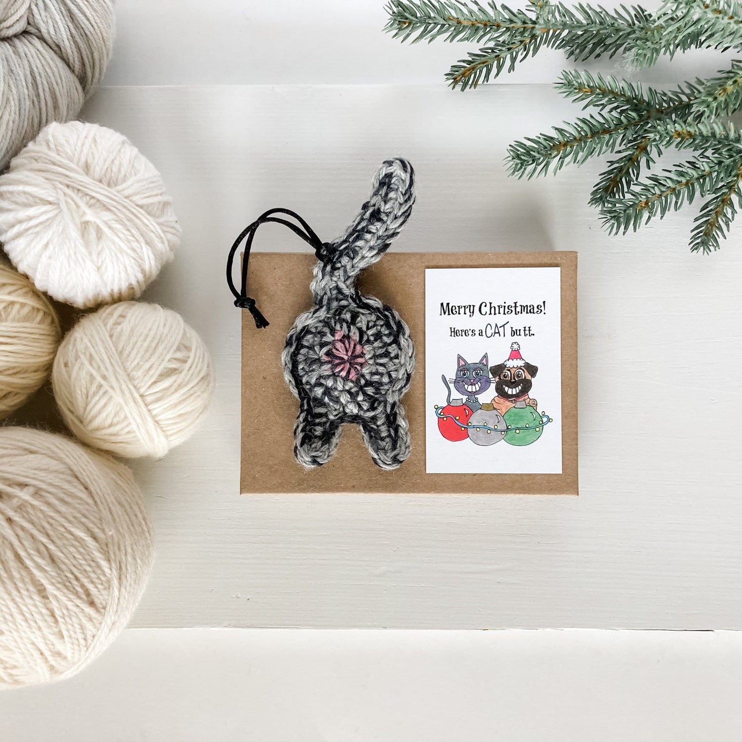 Knot By Gran'ma Christmas Gift Gray Tabby Cat Butt Ornament Funny Christmas Gift with Card