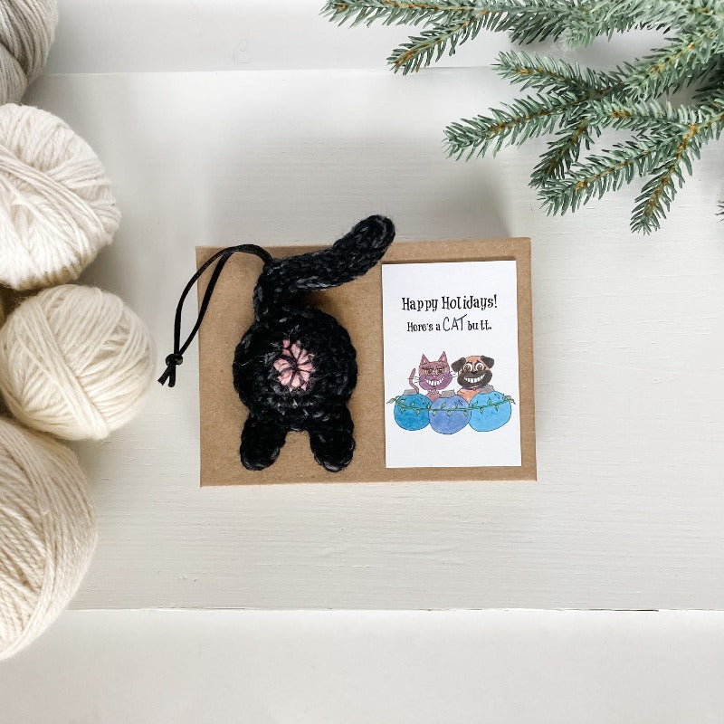 Black cat butt ornament and happy holidays card gift