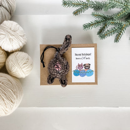 Brown Tortie Cat Butt Ornament Funny Happy Holidays Gift with Card