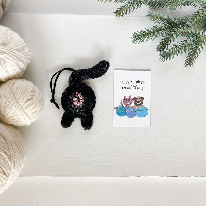 cat butt ornament and happy holidays card