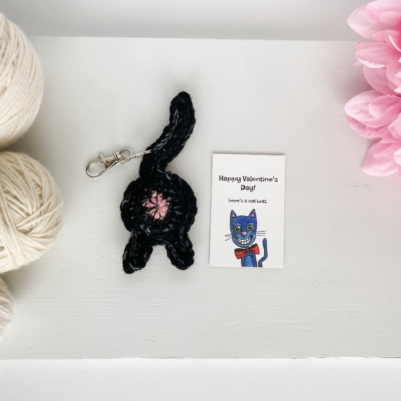 black cat butt keychain valentine's day gift with illutrated cat card