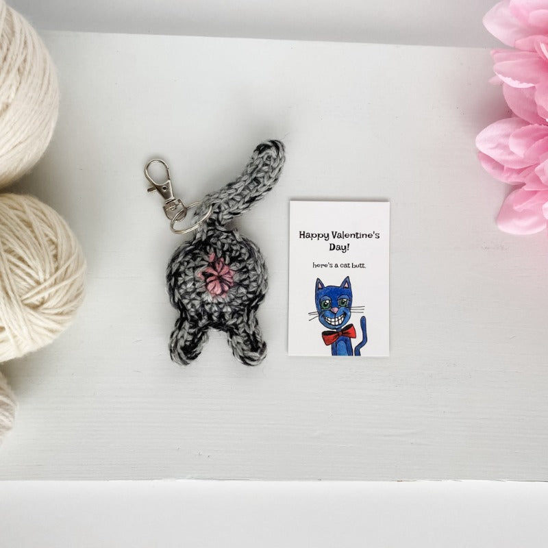 gray tabby cat butt keychain Valentine's Day gift with cardgray tabby cat butt keychain Valentine's Day gift with card