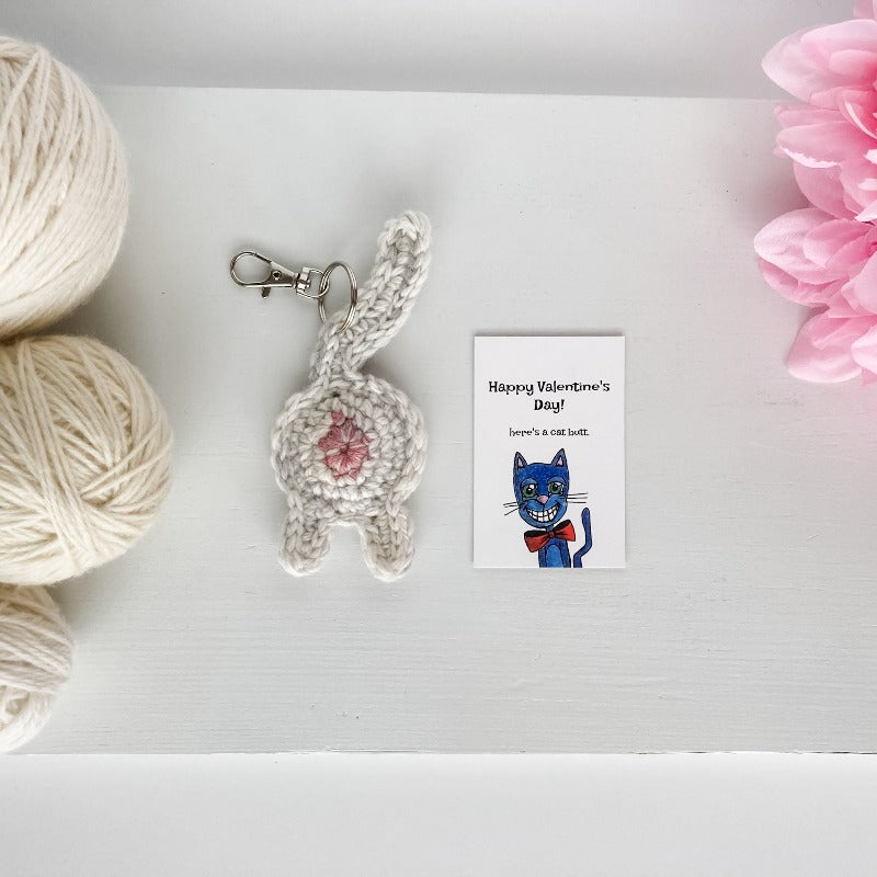 white cat butt keychain valentine's day gift with illutrated art card
