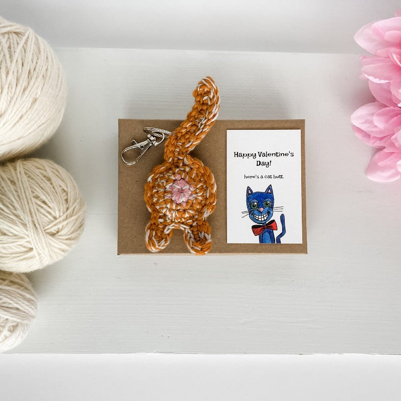 orange tabby cat butt keychain valentines day gift with illustrated art card