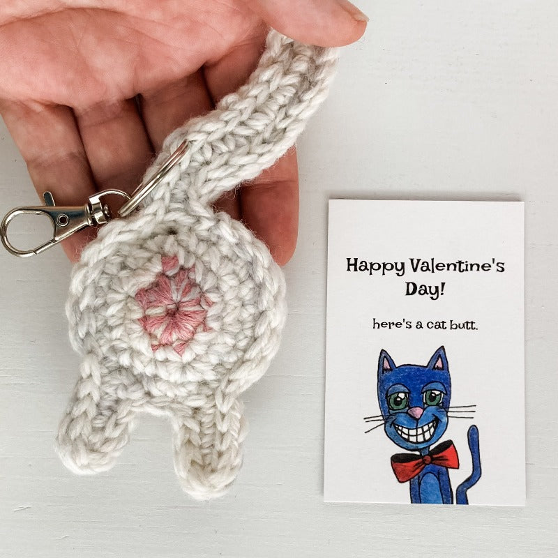 white cat butt keychain valentine's day gift with illutrated art card
