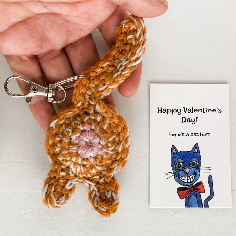 orange tabby cat butt keychain valentines day gift with illustrated art card