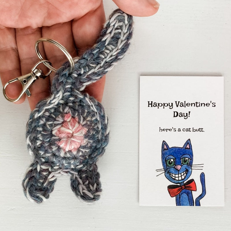 gray purple cat butt keychain valentines day gift with illustrated card