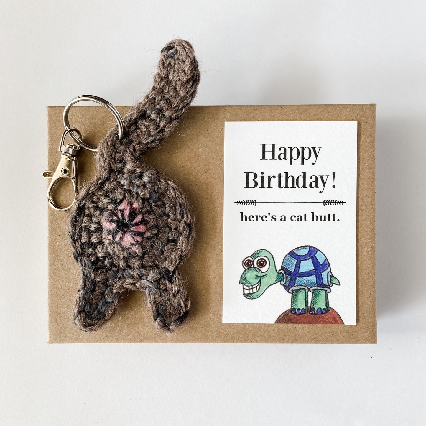 Torti Calico Cat Butt Keychain Funny Birthday Gift with Novelty Card