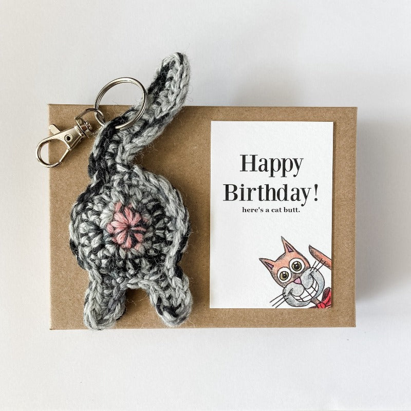Gray Tabby Cat Butt Keychain Funny Birthday Gift with Novelty Card on a Kraft box