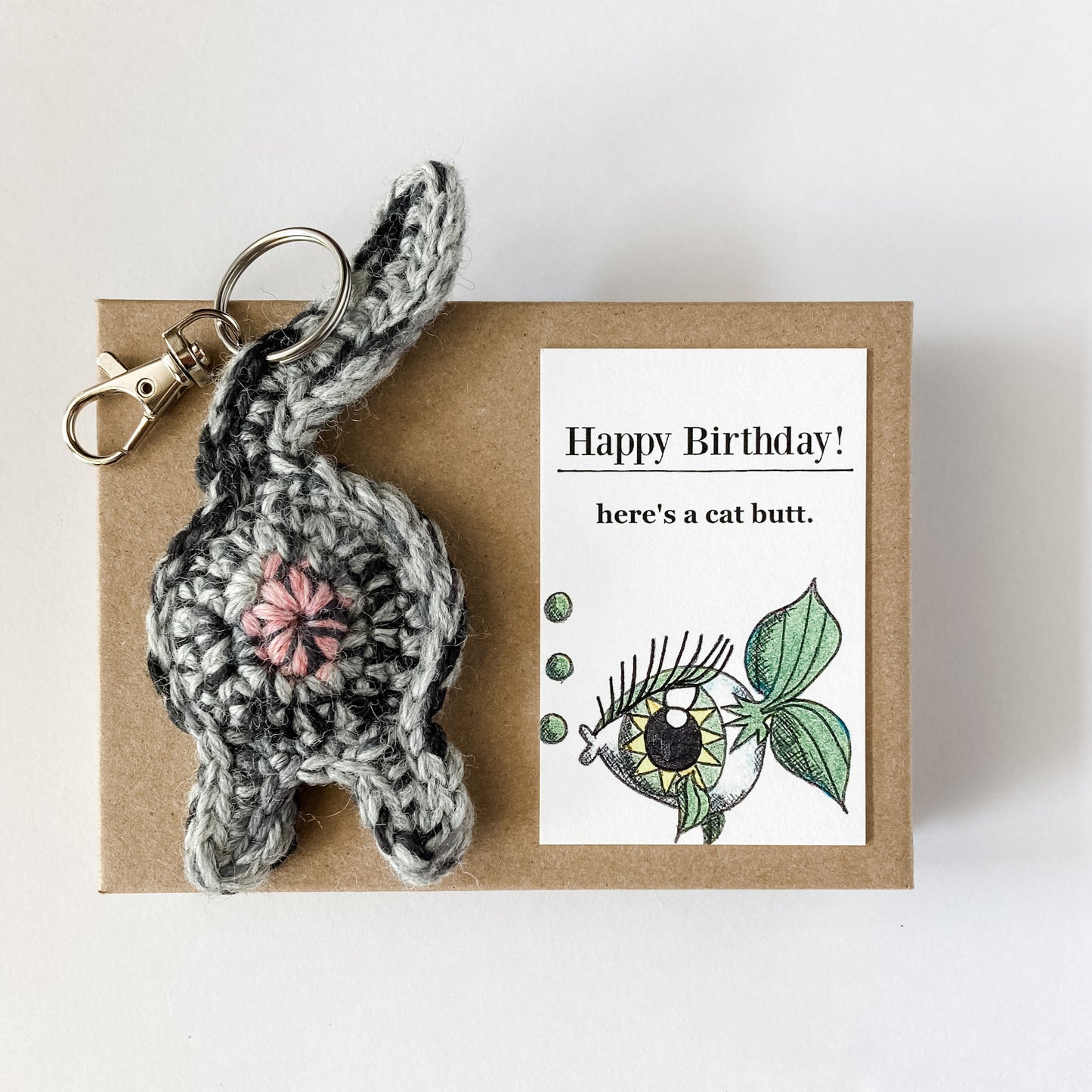 Gray Tabby Cat Butt Keychain Funny Birthday Gift with Novelty Card