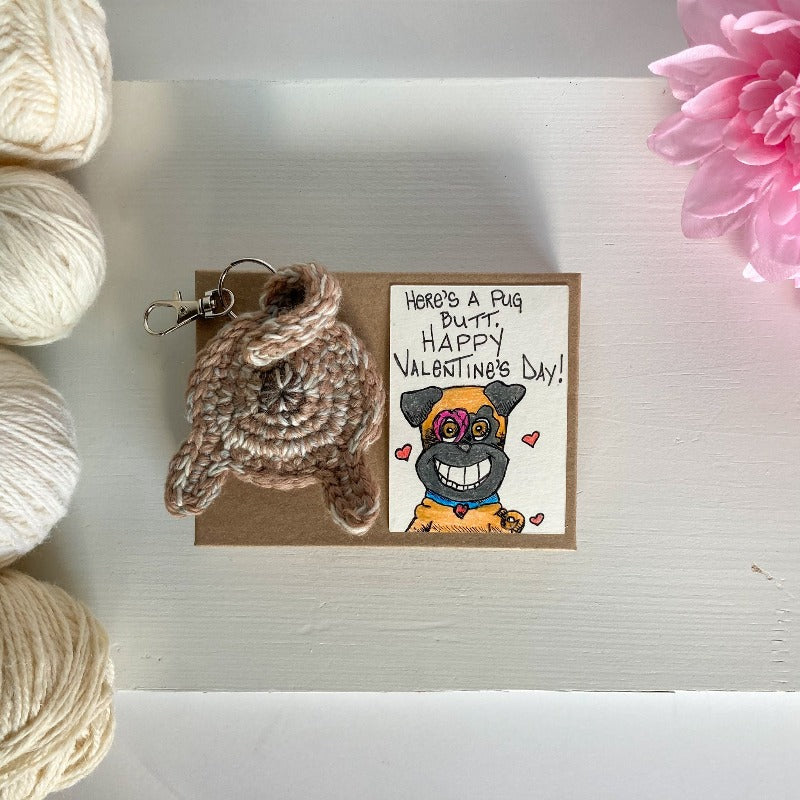 fawn pug butt keychain with collectible ACEO valentine's day card