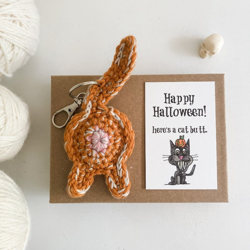 Orange tabby cat butt keychain with halloween card