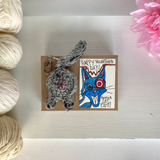 gray tabby cat butt keychain with coolectible ooak aceo valentine's day card