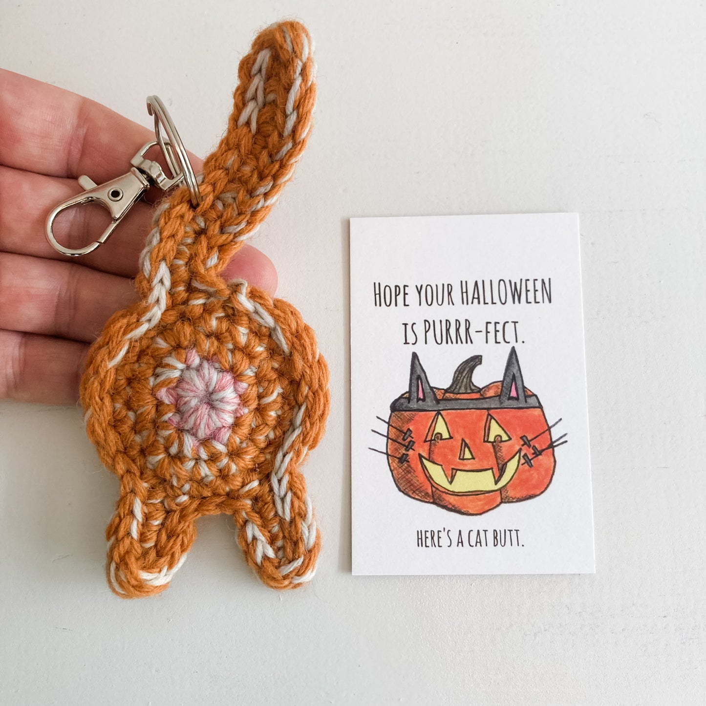 Orange Tabby Cat Butt Keychain Funny Halloween Gift With Card