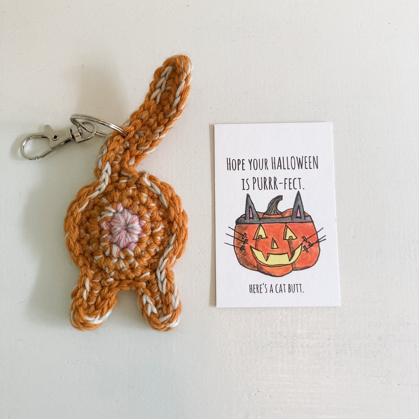 Orange Tabby Cat Butt Keychain Funny Halloween Gift With Card