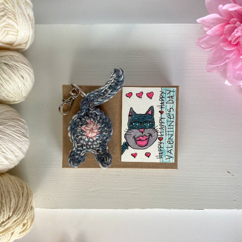 gray purple cat butt keychain with valentine's day collectible aceo art card