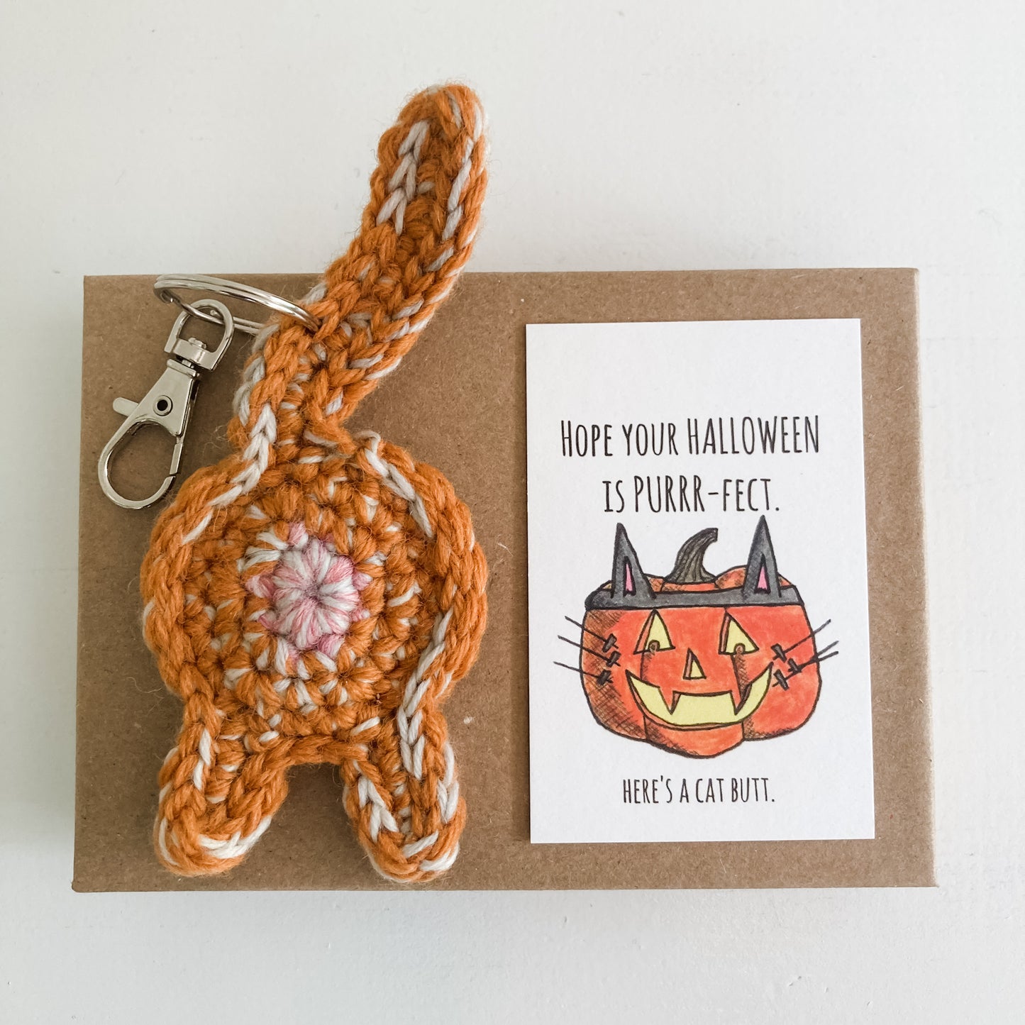 Orange Tabby Cat Butt Keychain Funny Halloween Gift With Card