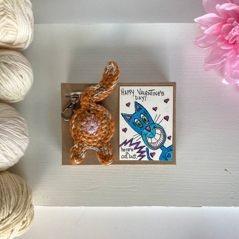 orange cat butt keychain with collectible aceo valentine's day art card
