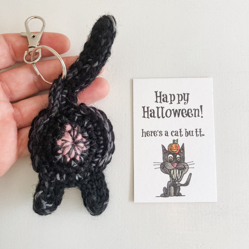 Black cat butt keychain and funny halloween card