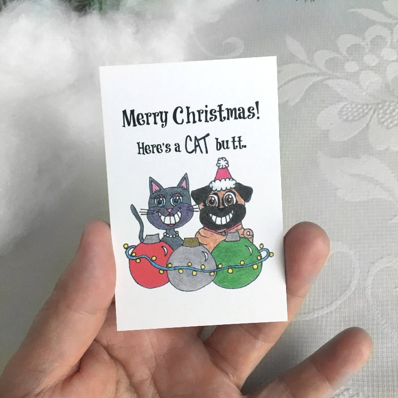 Illustrated funny cat and pug Christmas art card
